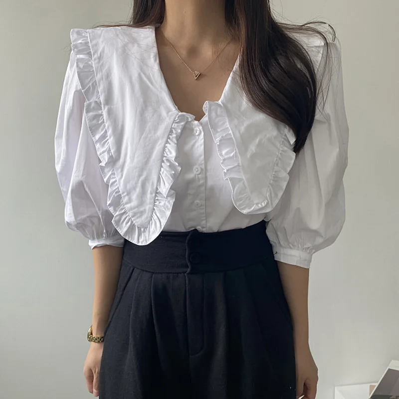 

Блуза с воротником в стиле Питера Пэна для женщин с коротким рукавом летние топы шик в Корейском стиле Белые блузы размера плюс рубашки blusas ...