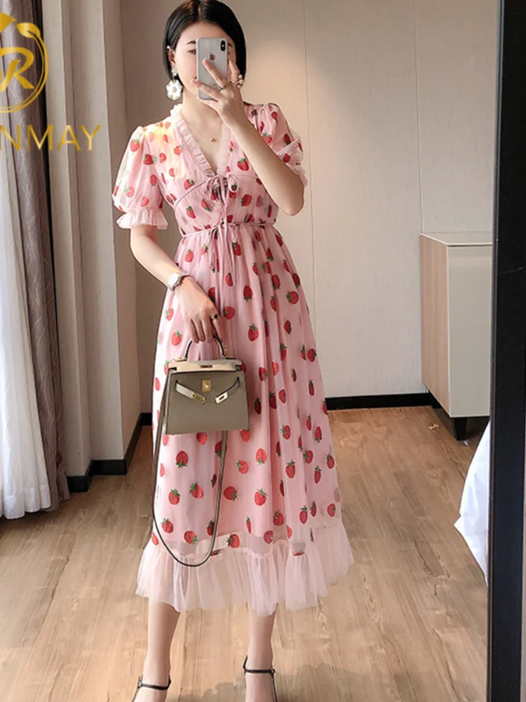 

Sexy V-Neck Belt Strawberry Hot stamping Short Sleeve Party Mid-Length Dress Net Yarn Summer New Women'S Clothing