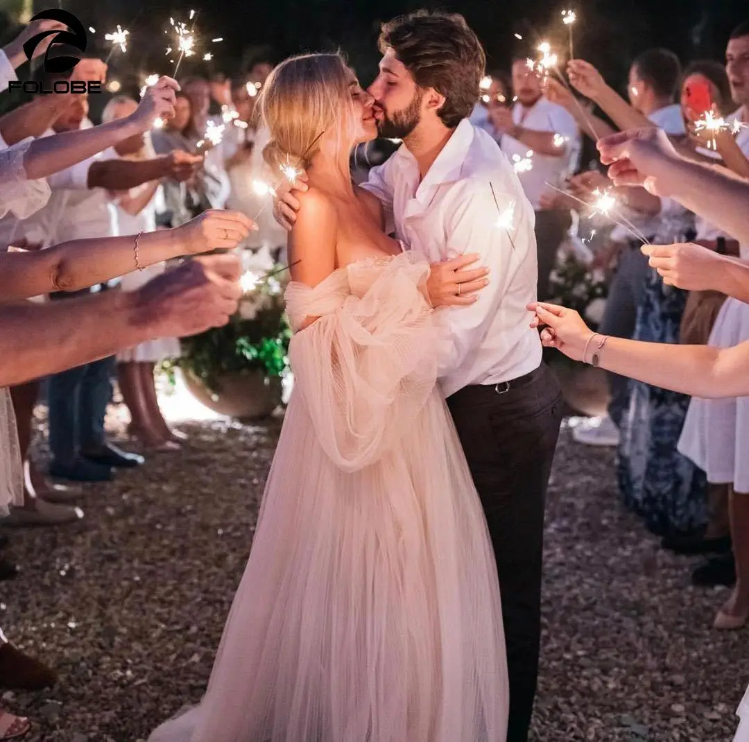 

2021 Latest Design Wedding Dresses Sweetheart Pleated Off Shoulder Lace Puff Sleeve A-Line Tulle Bridal Gowns vestidos de novia