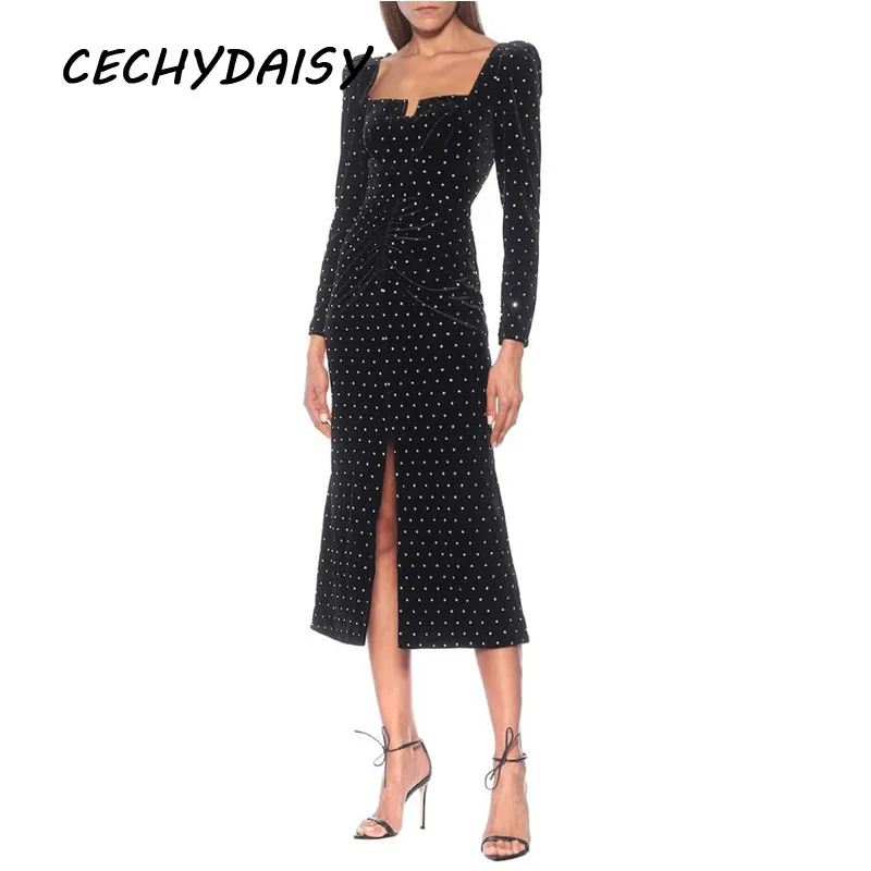 

Velvet Midi Dress Women Runway 2021 Luxury Diamond Bling Designer Fashion Elegant Winter Sexy High Split Party Dresses Vestidos