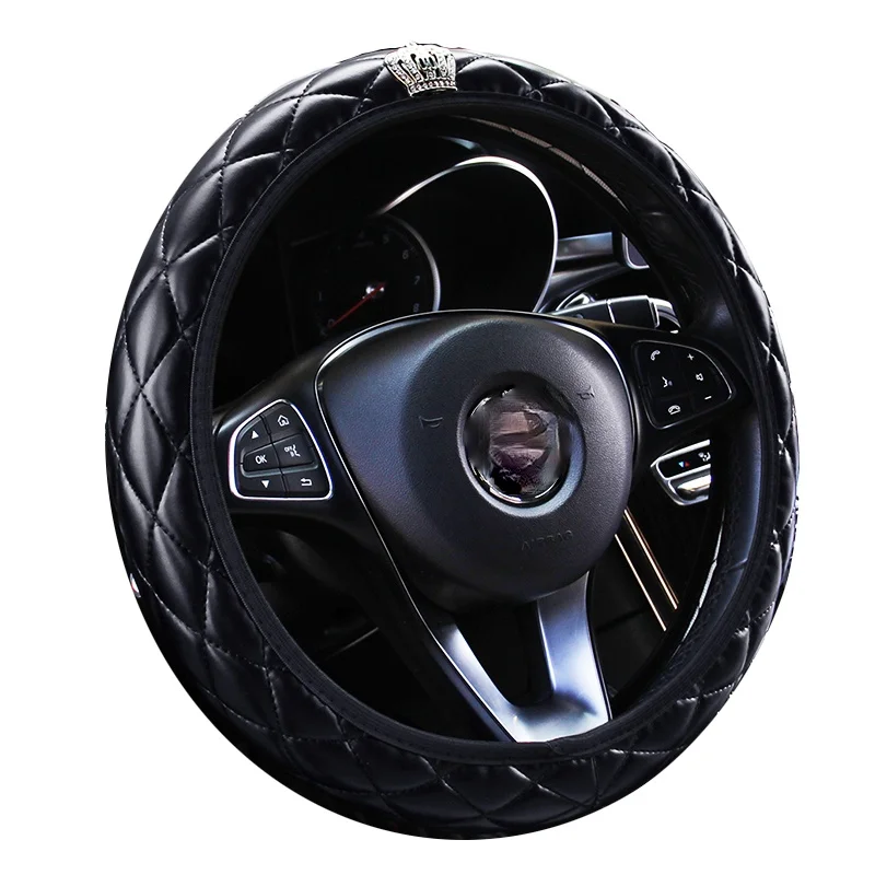 

Car Steering Wheel Covers Easy Install Crystal Crown Auto Interior Accessories PU Leather Car-styling