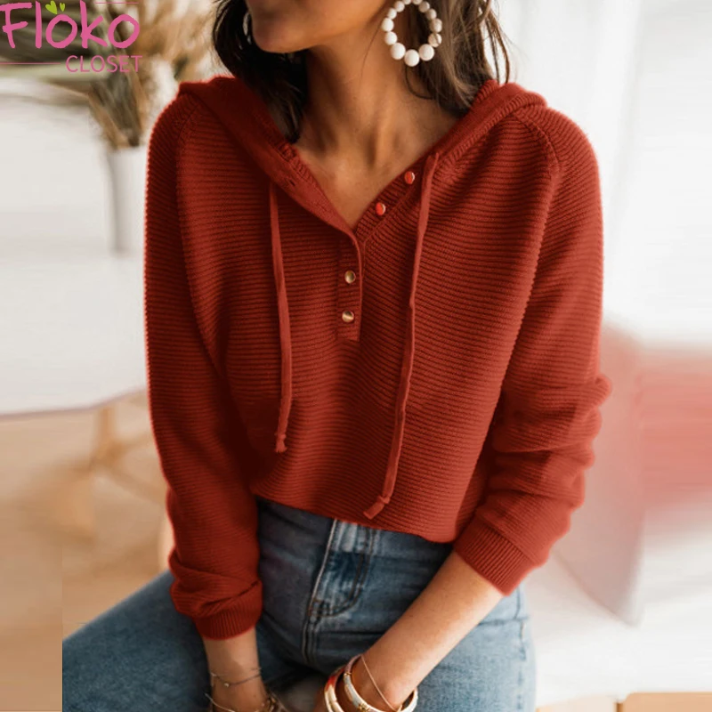 

Повседневный вязаный свитер Flokocloset с длинным рукавом и капюшоном, однотонные толстовки на пуговицах, пуловеры, уличная одежда, Короткие топ...