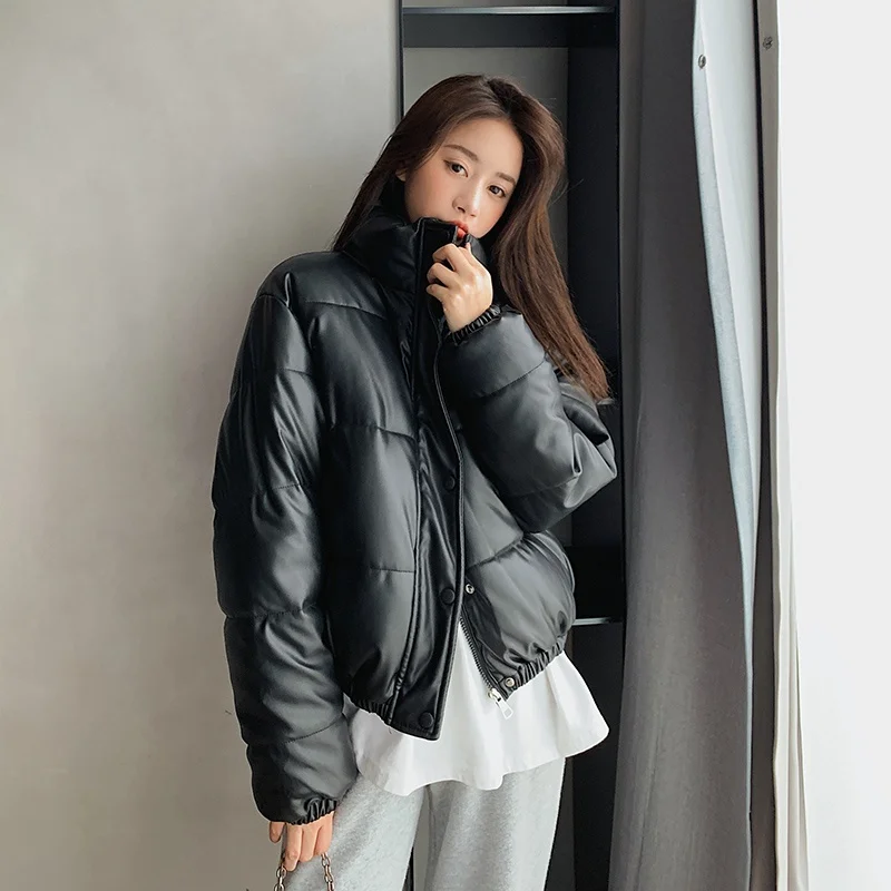 

Thick Parkas Women Streetwear Stand-up Collar Loose Black Bubble Coat Female Korean PU Leather Puffer Jacket Warm Winter New