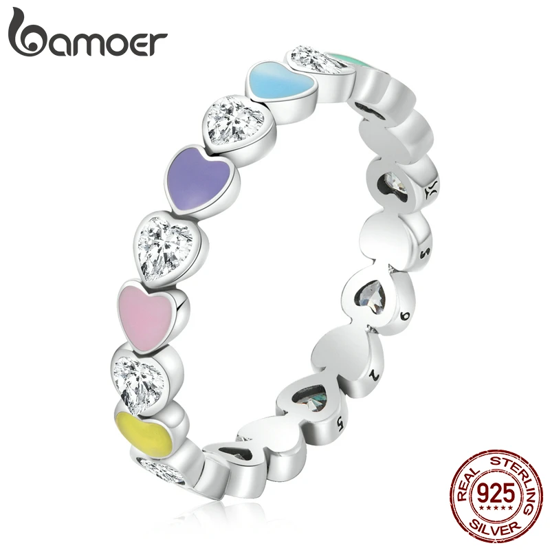 Женское кольцо с радужным сердечком Bamoer 100% Стерлинговое Серебро 925 пробы