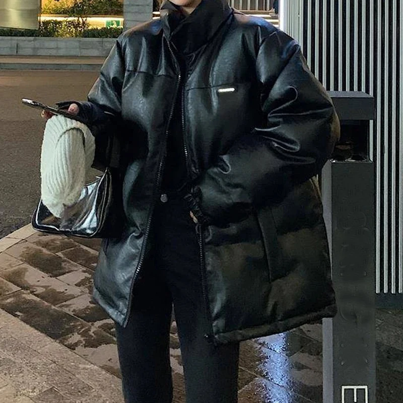 2022 new winter faux leather jacket pure black bright color thickening women's down parka coat loose coat women matte coat