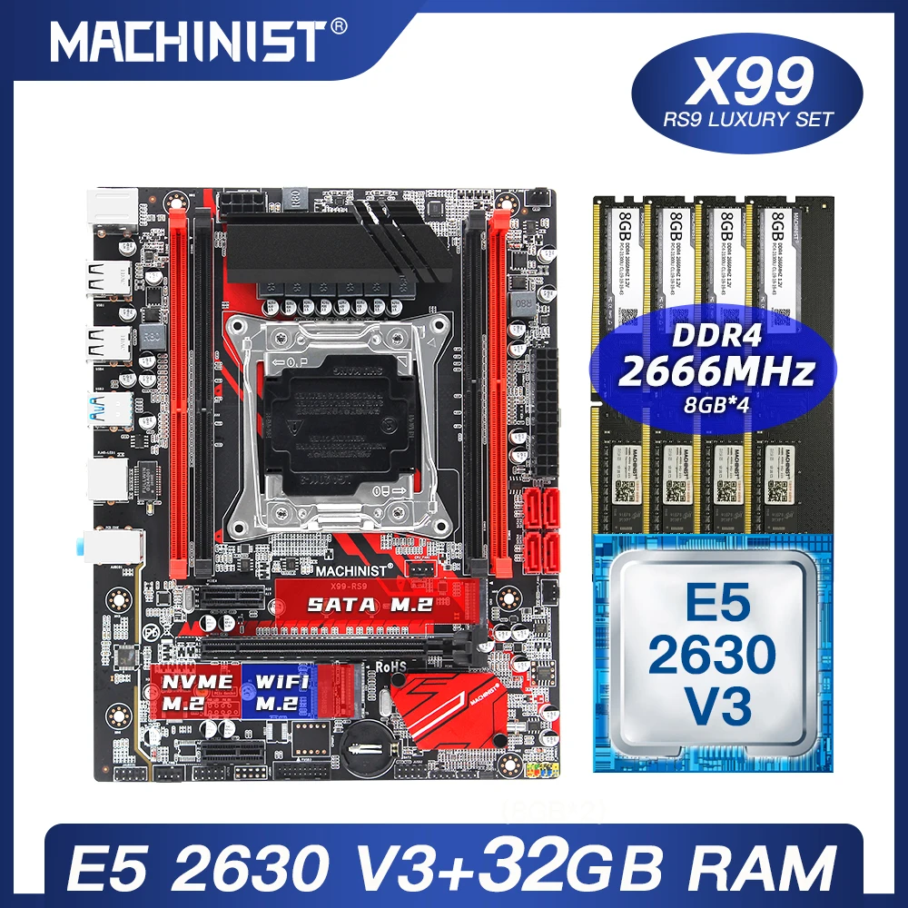 Billig X99 Motherboard LGA 2011-3 Set Kit Mit Intel Xeon E5 2630 V3 Prozessor DDR4 32GB(4*8GB) 2666mhz RAM Speicher M-ATX X99-RS9
