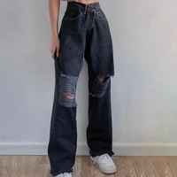 spring fashion ripped harajuku womens high waist frayed casual jeans hip hop straight leg pants