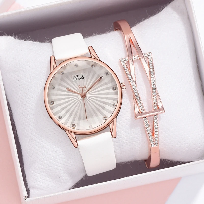 

2PCS/Set Women Watches Luxury Leather Gradient Rhinestone Watch Ladies Sports Quartz Wrist Watch Bracelet Set Reloj Mujer