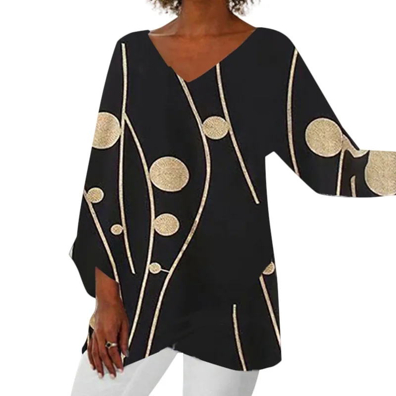 

Mandylandy Spring Fashion Long Sleeve Loose Print T-shirt Tops Women's Casual V-neck Irregular Pullover T-shirt