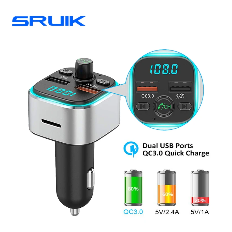 FM передатчик Bluetooth для автомобиля/FM модулятор 6 цветов с подсветкой LED, беспроводной радиоадаптер для автомобиля с зарядкой QC3.0