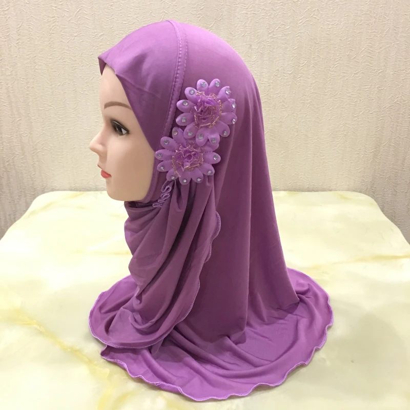 H1404 beautiful small girl hijab with 2 flowers islamic scarf hijab small hats