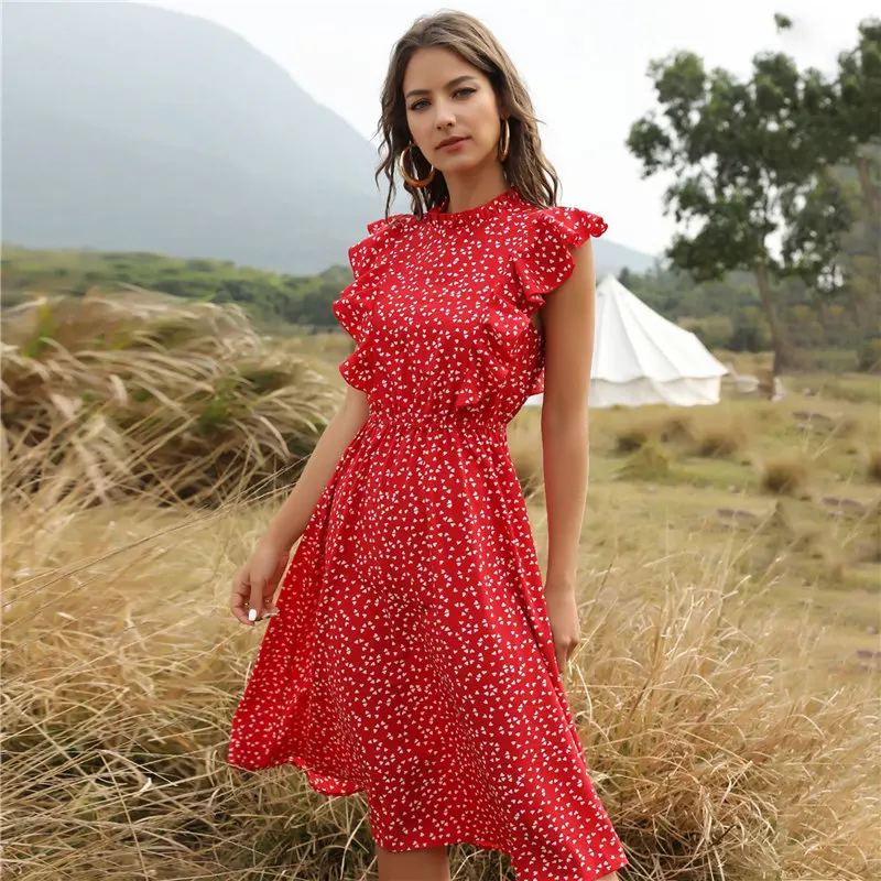 2021 New Summer Dot Print Dress Women Casual Butterfly Sleeve Ruffles Medium Long Chiffon Dress