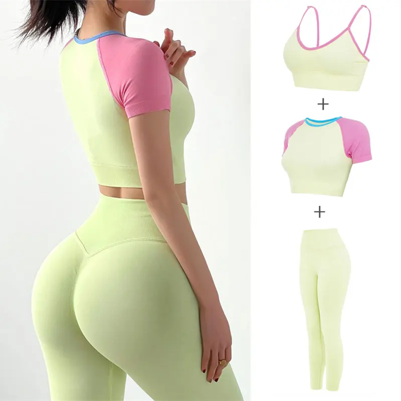 

2021 2Pcs Seamless Women Yoga Set Workout Sportswear Gym Clothing Fitness Short Sleeve Crop Top High Waist Leggings Sports Suits