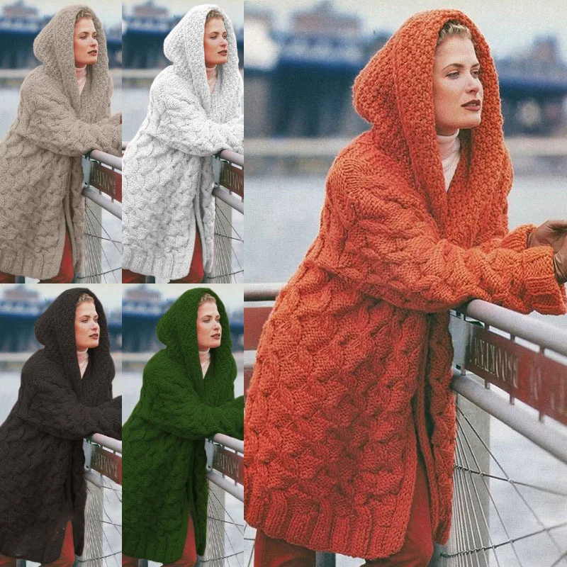 

Autumn Women Knitted Sweater Long Style Full Sleeve Solid Color Hooded Thick Warm Winter Classic Female Cardigan Knitwear C3149