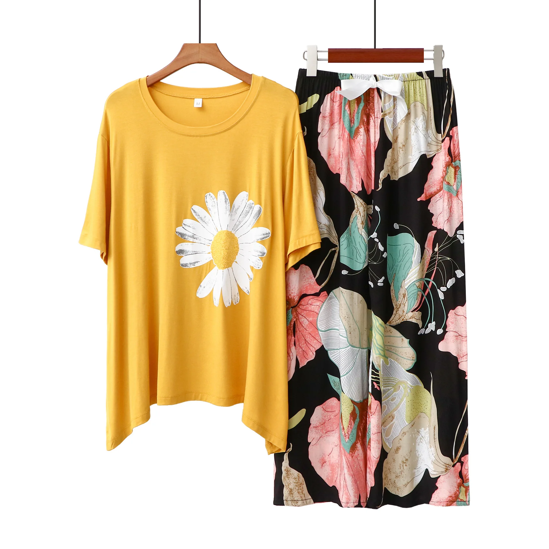 

2PCS Breathable Pajama Short Sleeve Printed Pijama Mujer Femme Loose Nightwear Suit Female Casual Homewear Pajama Set For Women