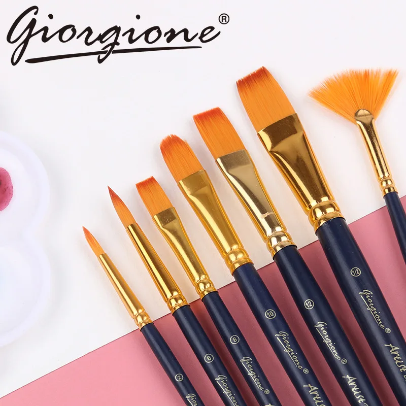 

Giorgione 7pcs Nylon Hair Wooden Watercolor Artist Paint Brush Set Flat tips Painting Brush For Oil Water Color Art Supplies