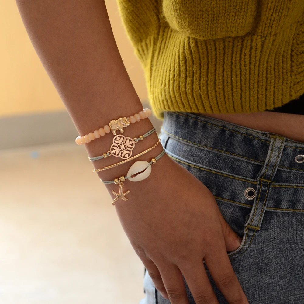 Набор браслетов Sindlan 4 шт. в богемном стиле с изображением слона ракушки и