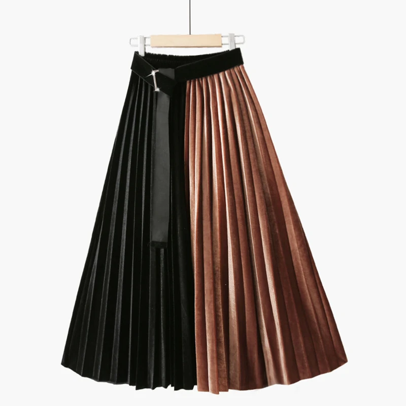 

Autumn Women Street Korean Slim Vintage Sweet High Waist A-Line Skirt Ladies Patchwork Mid-Calf Pleated Skirt Female