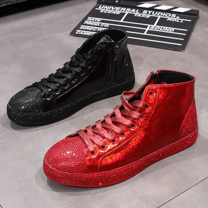 

Red Rhinestone Punk Men Shoes Fashion High Tops Sneakers Hip-Hop Casual Flats Ankle Boots Zapatillas Hombre
