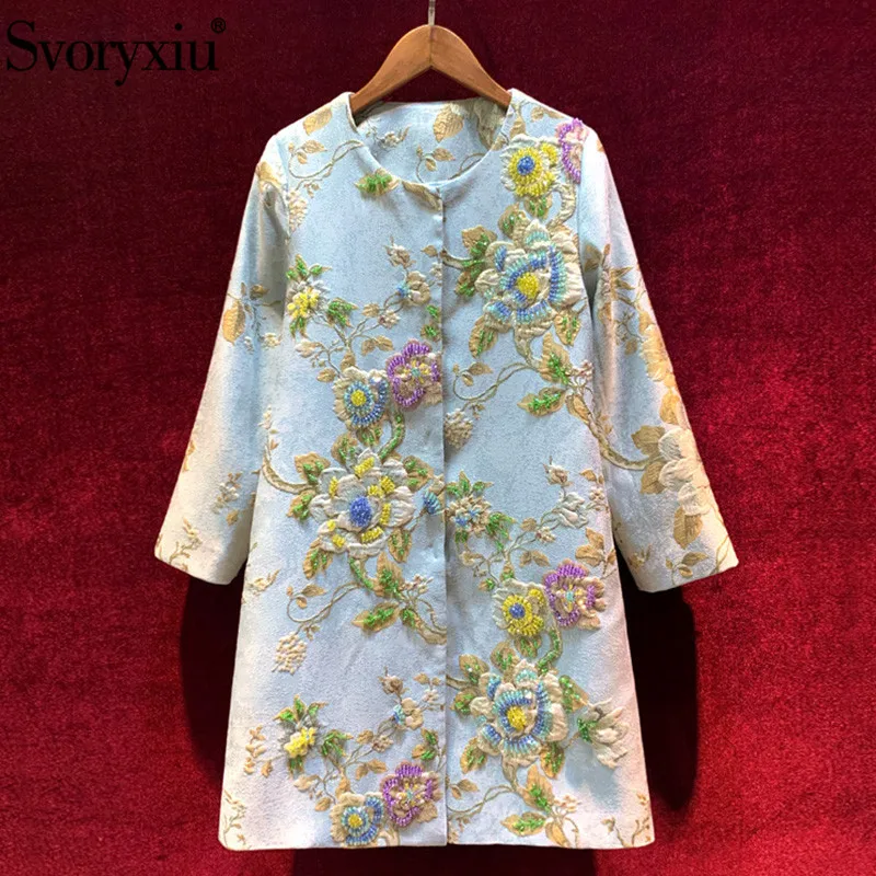 

Svoryxiu Designer luxury Autumn Winter Vintage Long Trench Coat Women's Beaded Flower Print Jacquard Loose Overcoat Outwear