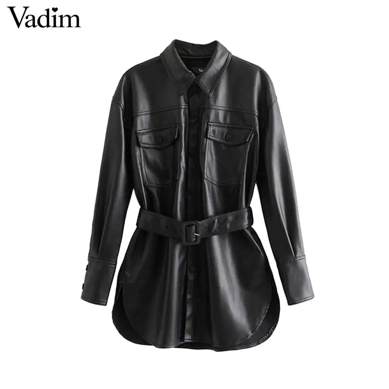 Vadim женские черные Куртки из искусственной кожи галстук бабочка пояса карманы с