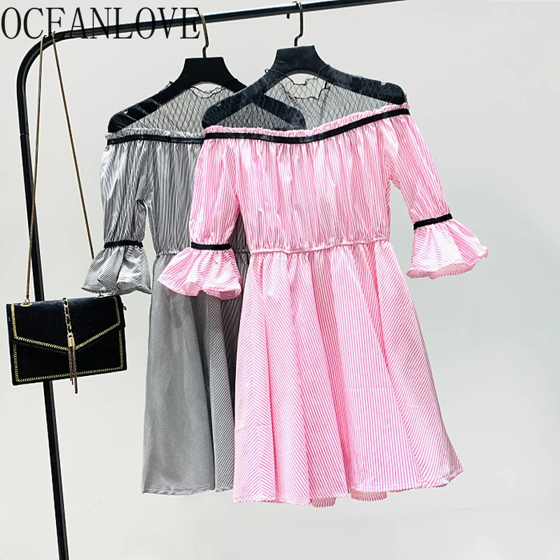 Женское платье с открытыми плечами OCEANLOVE Сетчатое в стиле пэчворк расклешенными