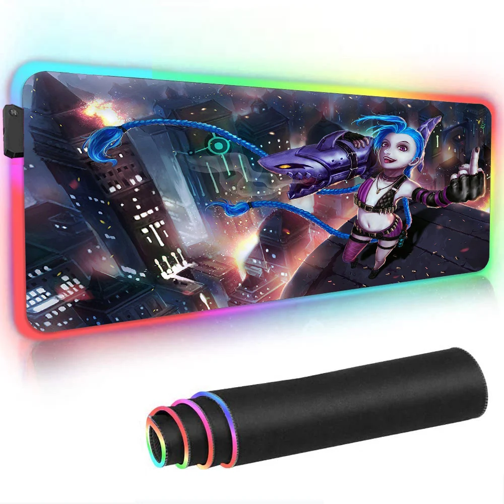 

Jinx League of Legends Figure Mouse Pad Large Deskpad Keyboard Pad Backlit Mat Rgb Gaming PC Accessories 800x300 for Computer