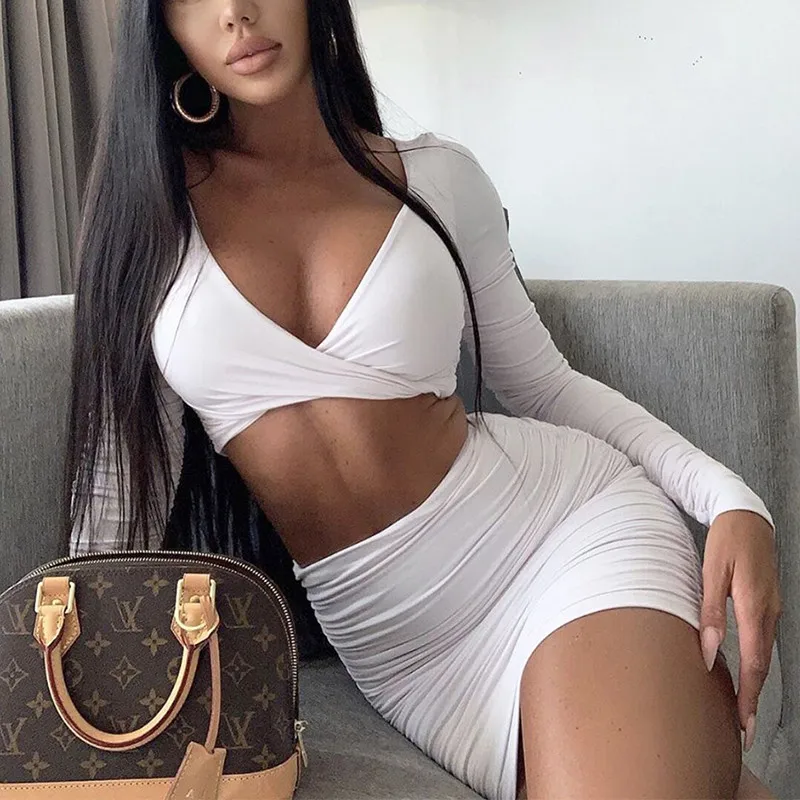 Женский комплект из двух предметов FSDA белый укороченный Топ с длинным рукавом и V