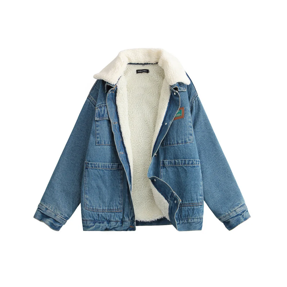 Covrlge Plus Velvet Men's Denim Jacket Winter New Couples Wear Tooling Detachable Fur Collar Denim Thick Cotton Coat Male MWM130