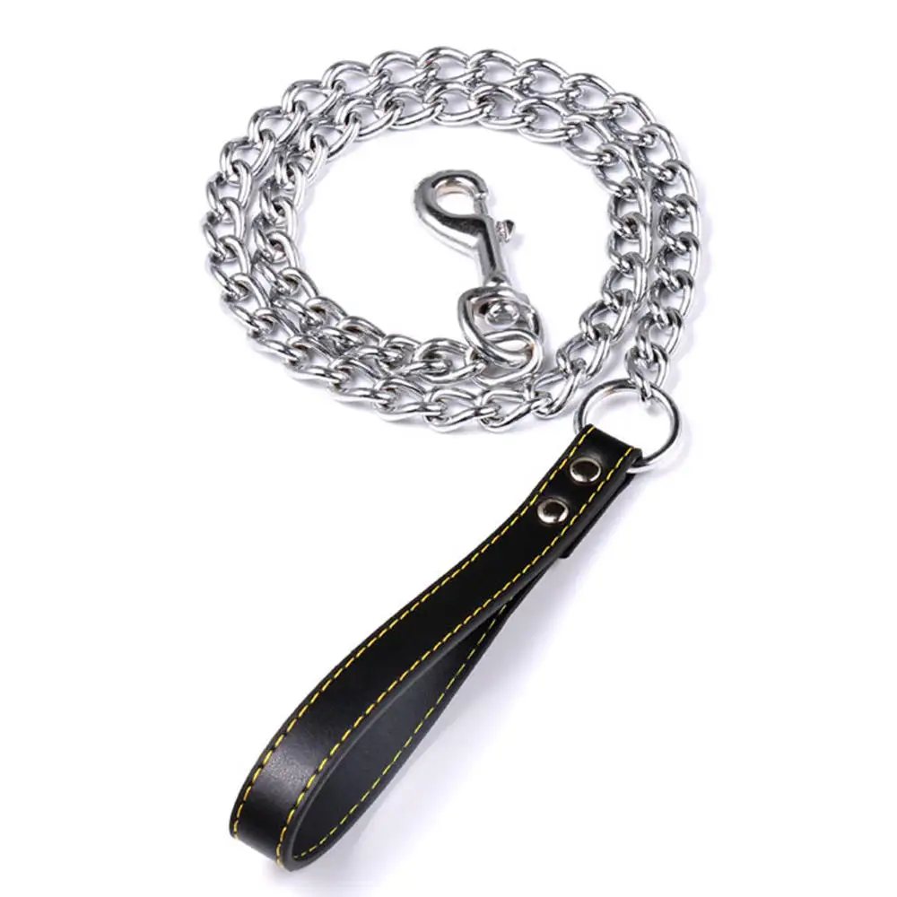 

Pet Dog Leash Handle Leash Leather Safety Training Control Pet Traction Rope Metal Chain Anti-Bite for Large Small Dog
