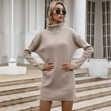 Vestido elegante para mulher primavera outono cor pura malha pulôver mini vestidos casual gola alta camisola femme vestido (2)
