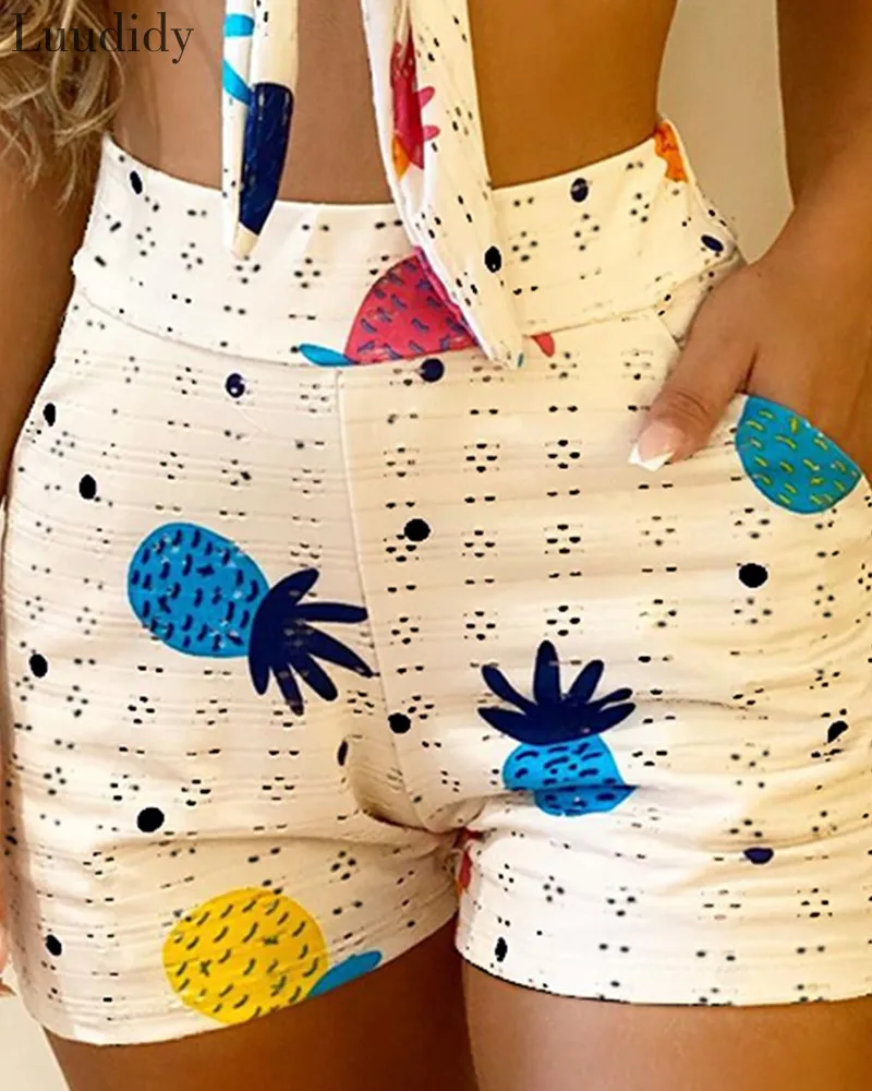 

V-Neck Tie Chest Print Two-Piece Set Summer 2 Piece Outfits for Women Short Sleeve Knot Front Crop Tops & Pockets Shorts Set