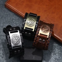 new trendy odin triangle viking rune bracelet mens fashion metal leather woven accessories amulet jewelry party gift