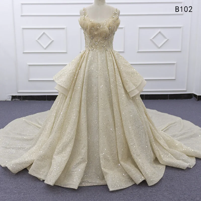 

Molanda Hung High Quality Custom Made Bridal Dress O-Neck Champagne Ball Gown Beading Sequined Draped Lace Up B102