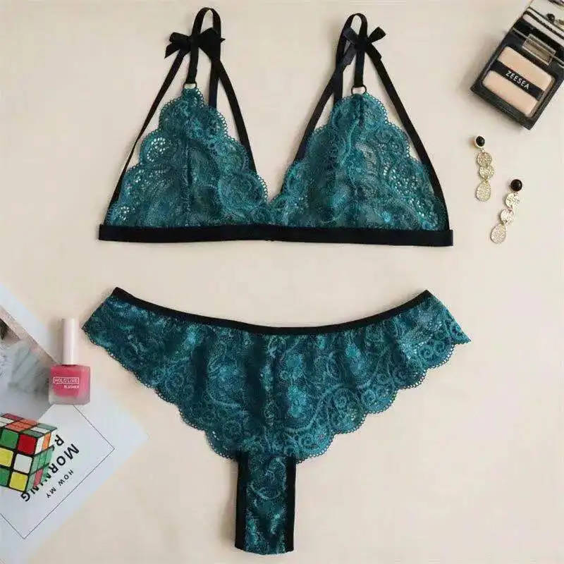 

Ladies sexy lace temptation Super fairy mesh transparent perspective bra bra thong suit underwear set