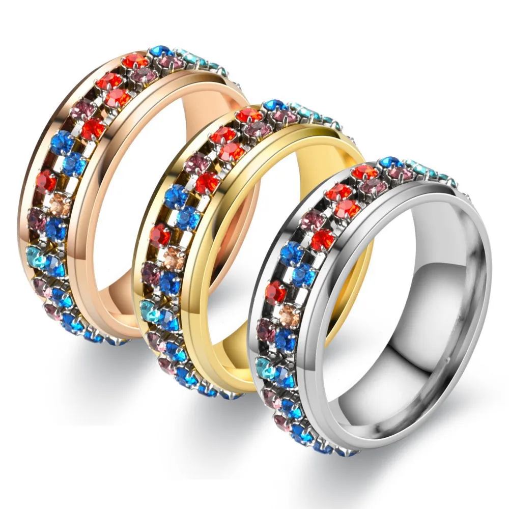 

8mm Spinner Chain Colorful Zircon Rotable Rings For Women Stainless Steel Couple Ring Punk Jewelry Party Gift