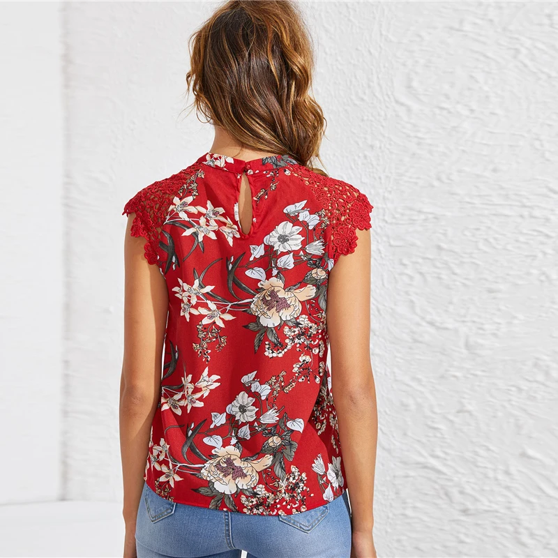 SHEIN модный гипюровый топ с цветочным принтом и кружевными рукавами реглан, Вырез «капля», Летние Элегантные Женские топы и блузки