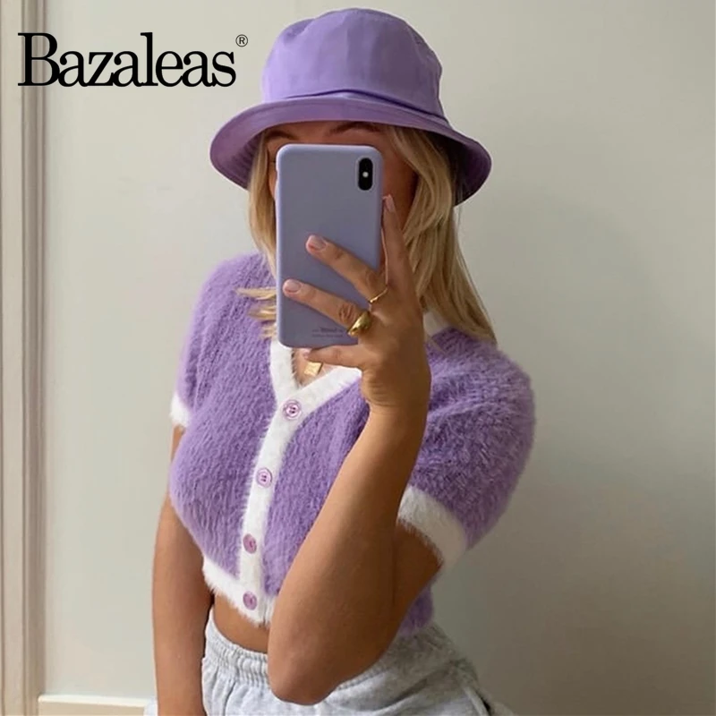 Bazaleas Шикарный белый фиолетовый лоскутный свитер винтажный с центральной