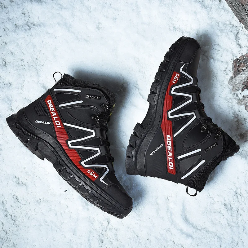 Winter Warm Fur Male Shoes For Men Adult Casual Sneakers Comfortable outdoor Popular cotton shoes - Цвет: Black red