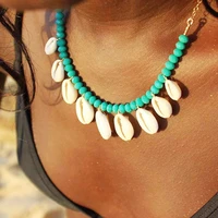boho women statement blue beaded shell necklace charm natural sea shell pendant necklace summer beach jewelry collier coquillage