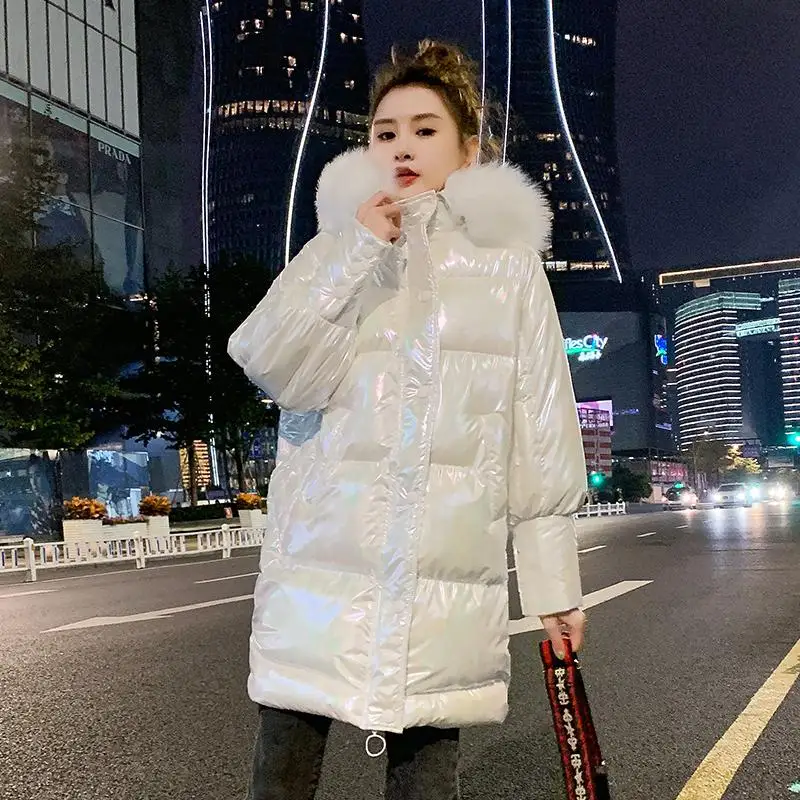 

Winter Parkas Fur Jacket Shiney Women Long Hooded Down Cotton Parkas Big Fur Collar Solid Warm Thick Parkas Female Outwear