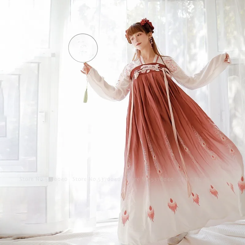 Женское платье в китайском стиле с вышивкой и градиентной юбкой| |