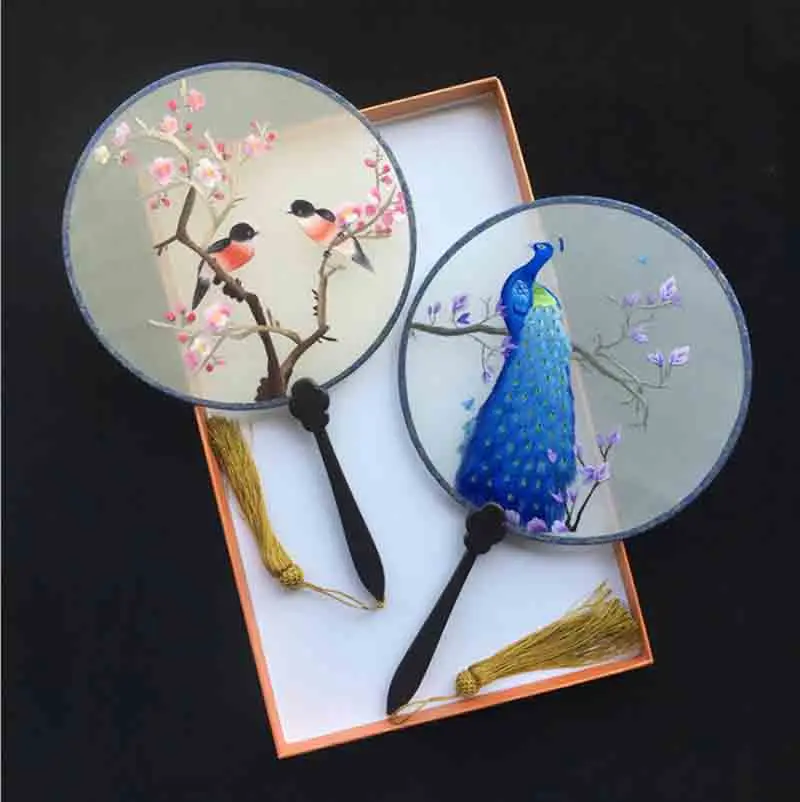 Роскошный китайский ручной фанат Hanfu Женский двусторонний веер с вышивкой и