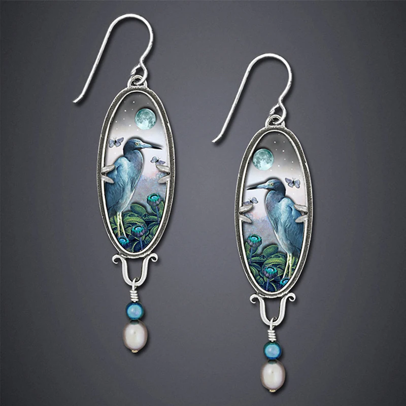 Винтажные серьги-подвески ювелирные изделия Луна цветок птица пейзаж живопись