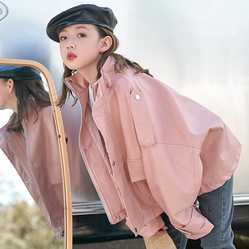 Teenage Girl Spring Autumn PU Coat Jacket Kids Casual Motorcycle Leather Bomber Jackets Children Coats Overwear Clothes 12 13 14 | Детская