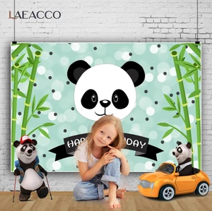 Laeacco мультфильм панда детский день рождения зеленый бамбук индивидуальный баннер плакат фон фотографический фон фотостудия