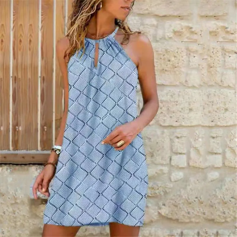 

New Women's Fashion Summer Sleeveless Print Mini Dress Casual Neck Halter Dress