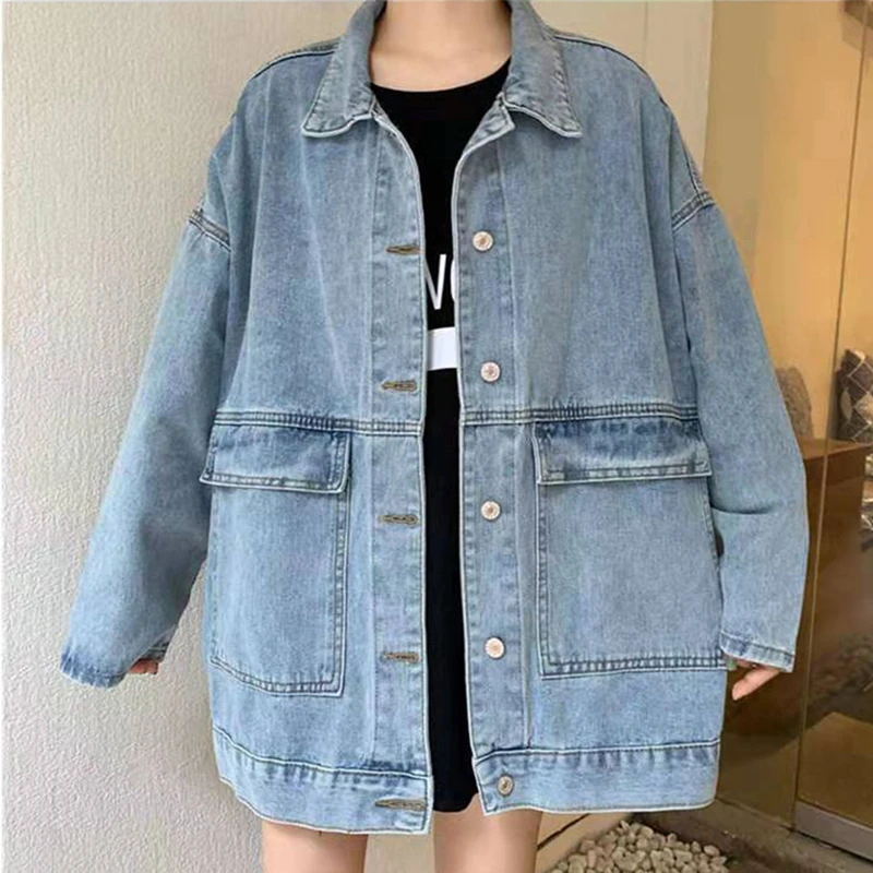 

New BF Retro Tooling Cowboy Coat Loose Lapel Korean Fashion Denim Jacket Top Spring Autumn Women Long Sleeve Big Pocket Chaqueta