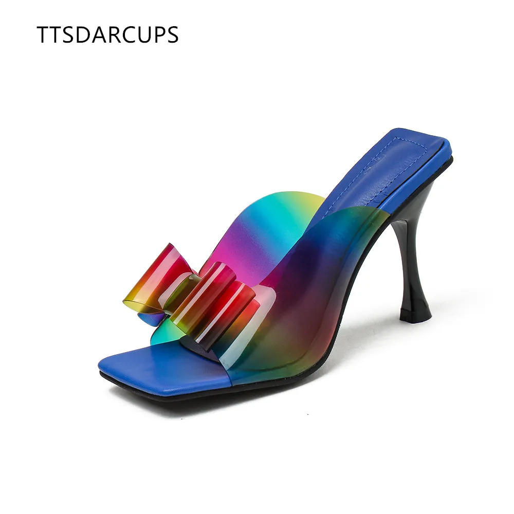 

TTSDARCUPS Net red versatile 2020 new transparent bow square sandals 35-41 High heel slippers Sexy crystal women's shoes