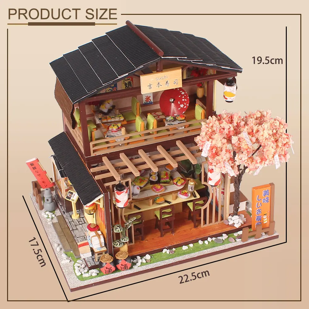 DIY Wooden Dollhouse Japanese Sushi Bar Architecture House Model Villa Handmade Assembling SushiBar Ancient Relief Creative Gift | Игрушки и